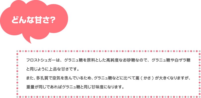 どんな甘さ？フロストシュガーは、グラニュ糖を原料とした高純度なお砂糖なので、グラニュ糖や白ザラ糖と同じように上品な甘さです。また、多孔質で空気を含んでいるため、グラニュ糖などに比べて嵩(かさ)が大きくなりますが、重量が同じであればグラニュ糖と同じ甘味度になります。