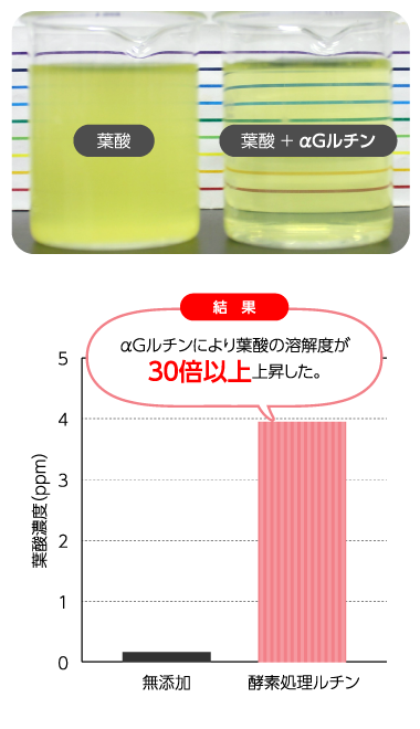 結果 αGルチンにより葉酸の溶解度が30倍以上上昇した。